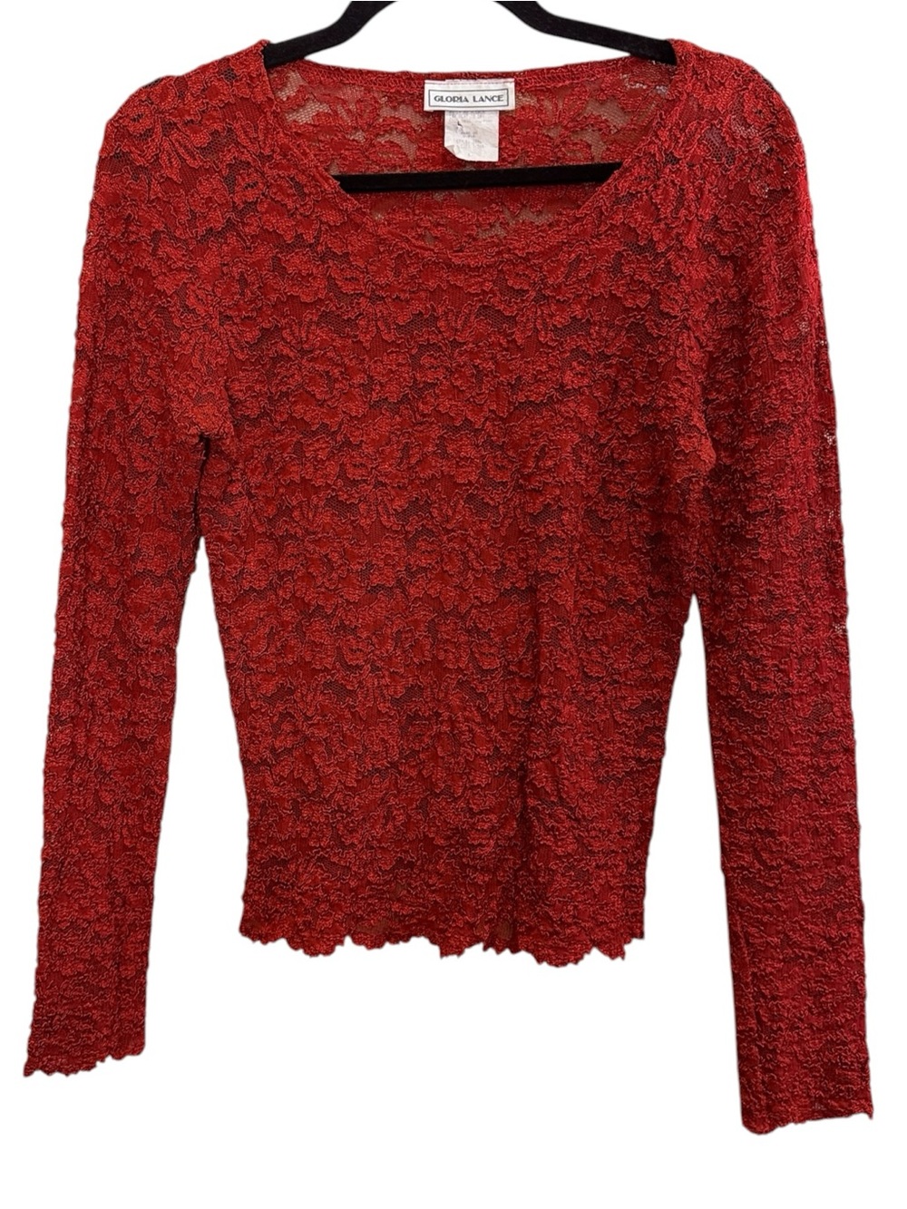 Gloria Lance Crimson Red Vintage Long-Sleeve Scoop Neck Stretch Lace Top sz L